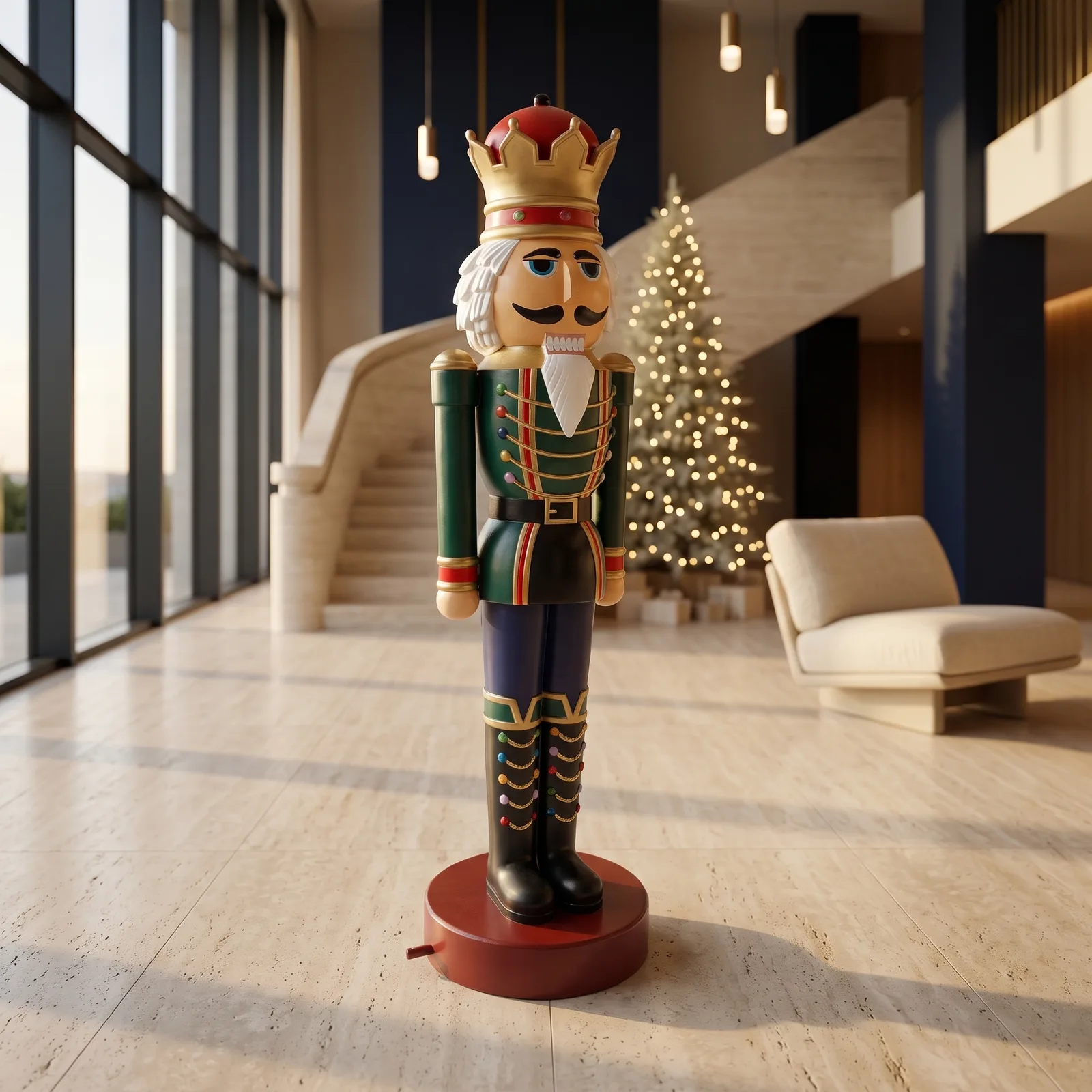 Sfeerbeeld in interieur met notenkraker pop 200 cm in zeegroen, blauw en goud