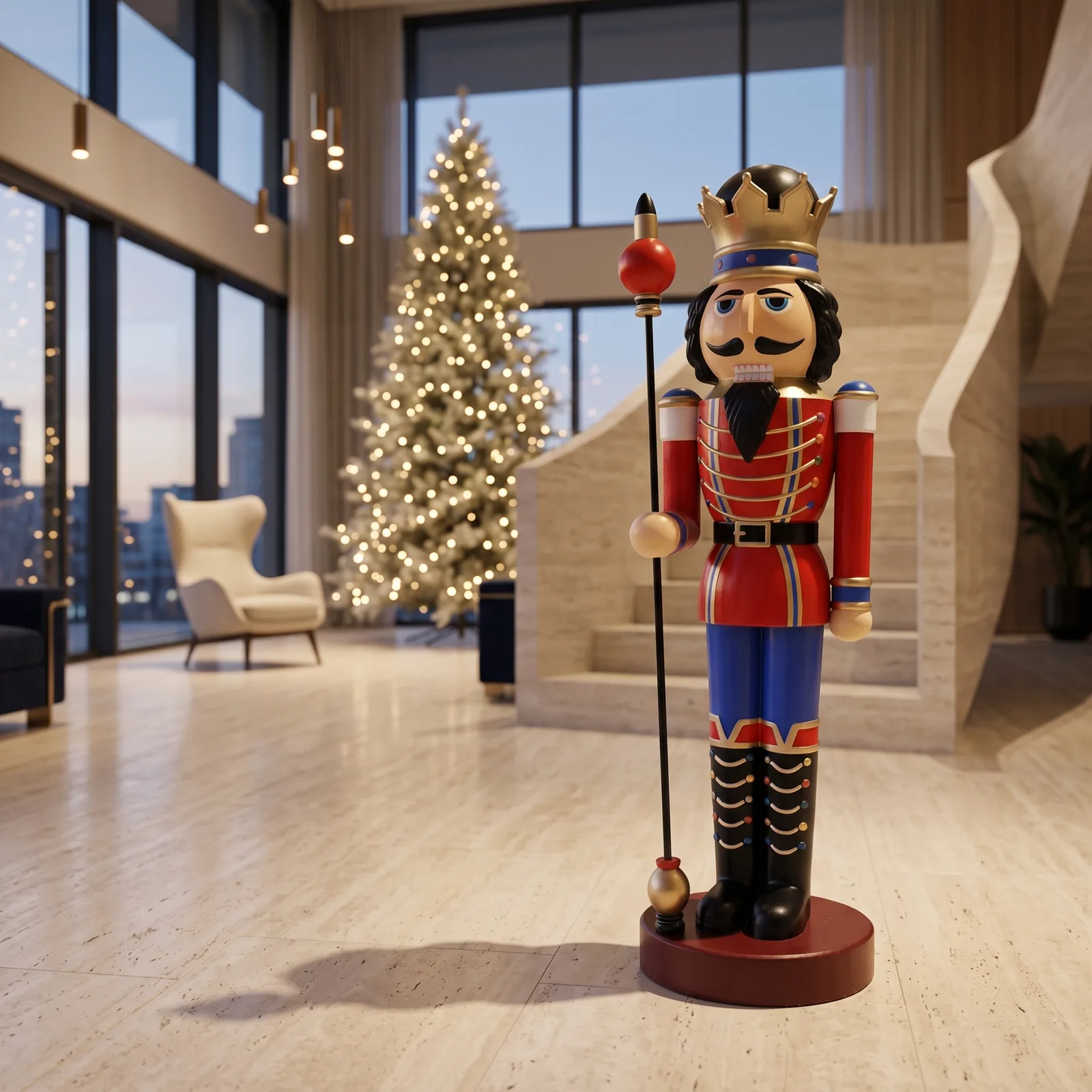 Notenkraker XL 200 cm in rood, blauw en goud met staf, sfeerbeeld als kerstdecoratie