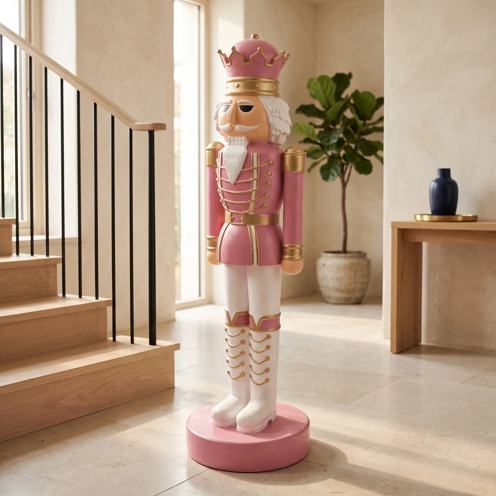 Sfeerbeeld: staande notenkraker 200 cm in roze en goud als kerstdecoratie