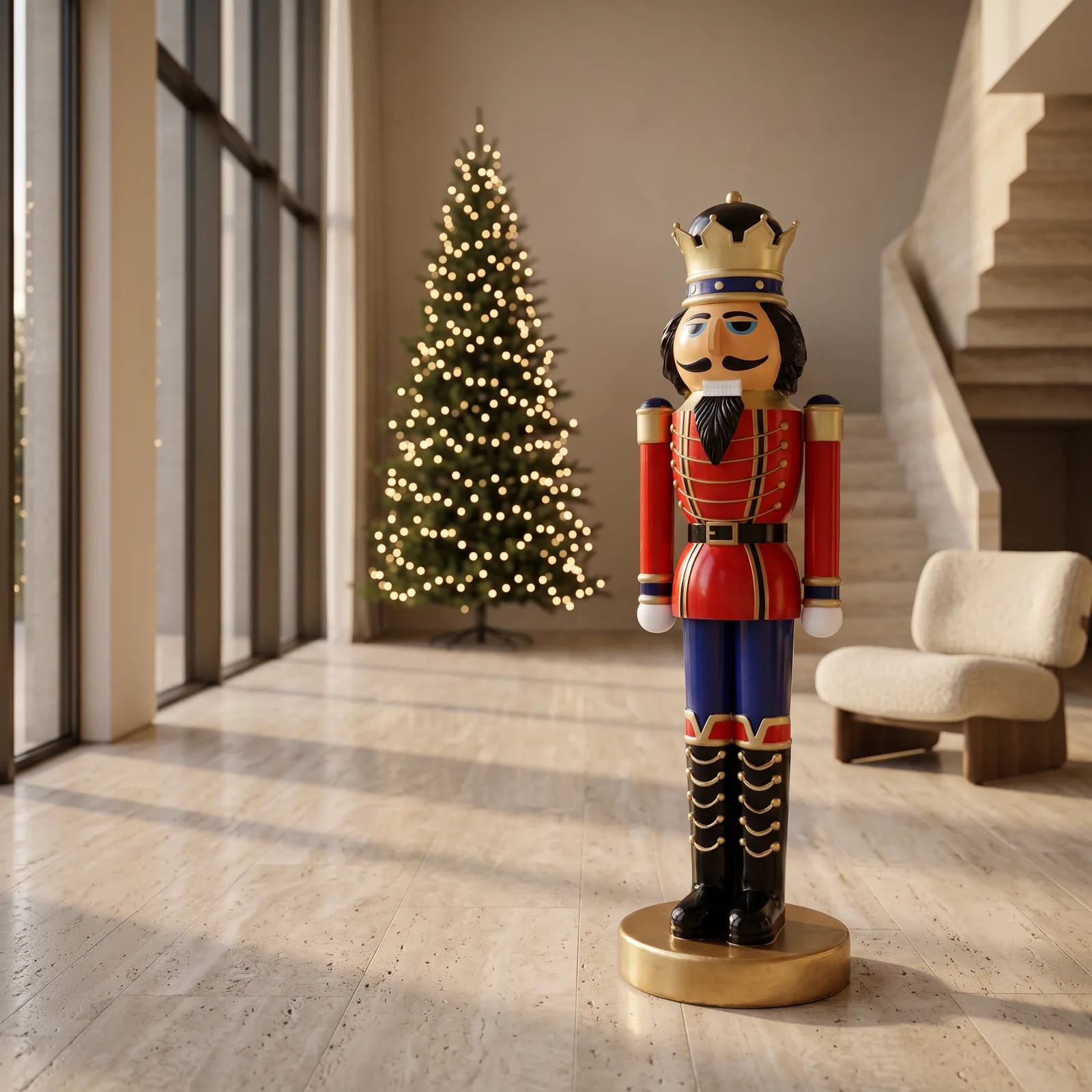 Sfeerbeeld: staande notenkraker 205 cm in rood, blauw en goud als kerstdecoratie
