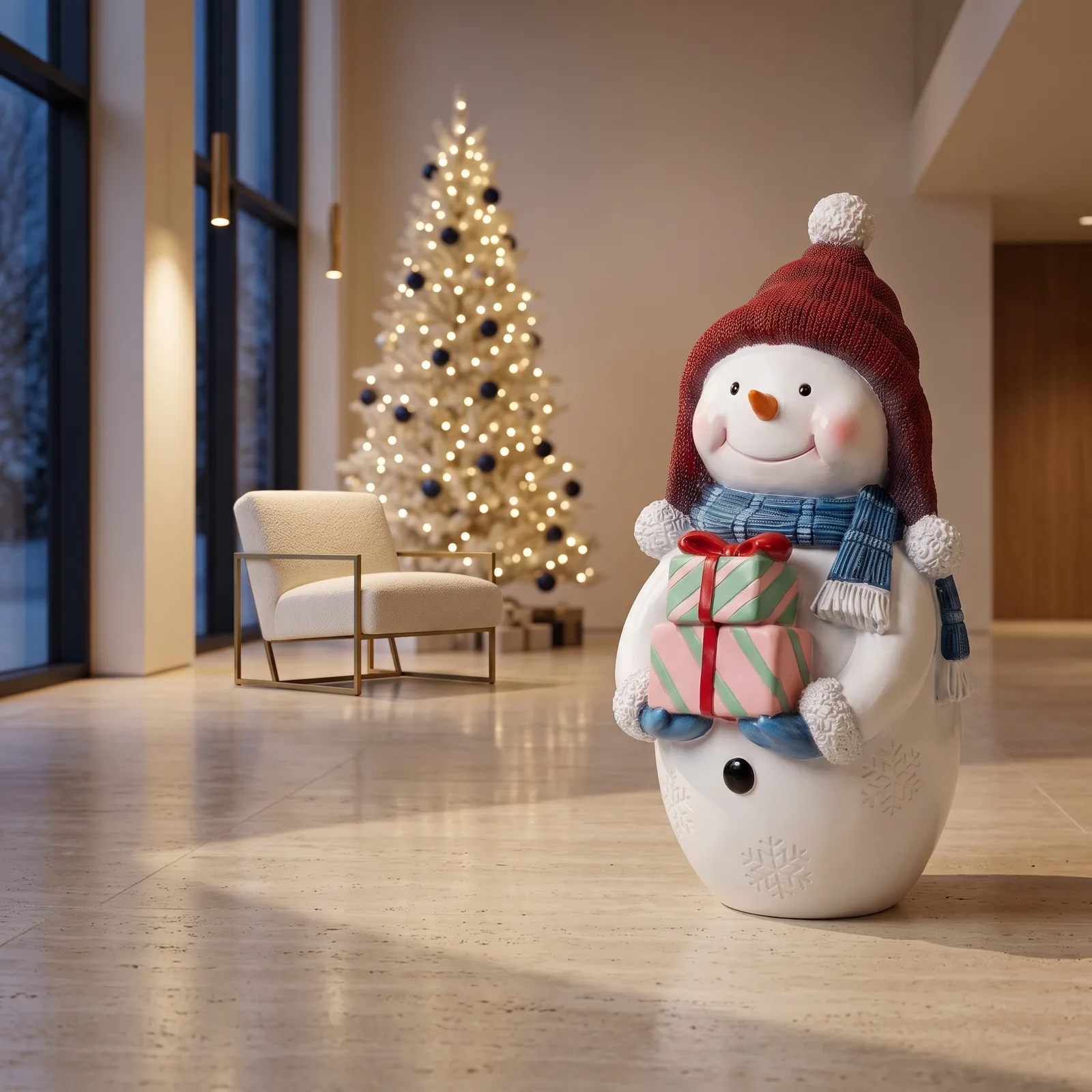 Sneeuwman van 80 cm met muts, sjaal en cadeaus, sfeerbeeld in interieur als kerstdecoratie