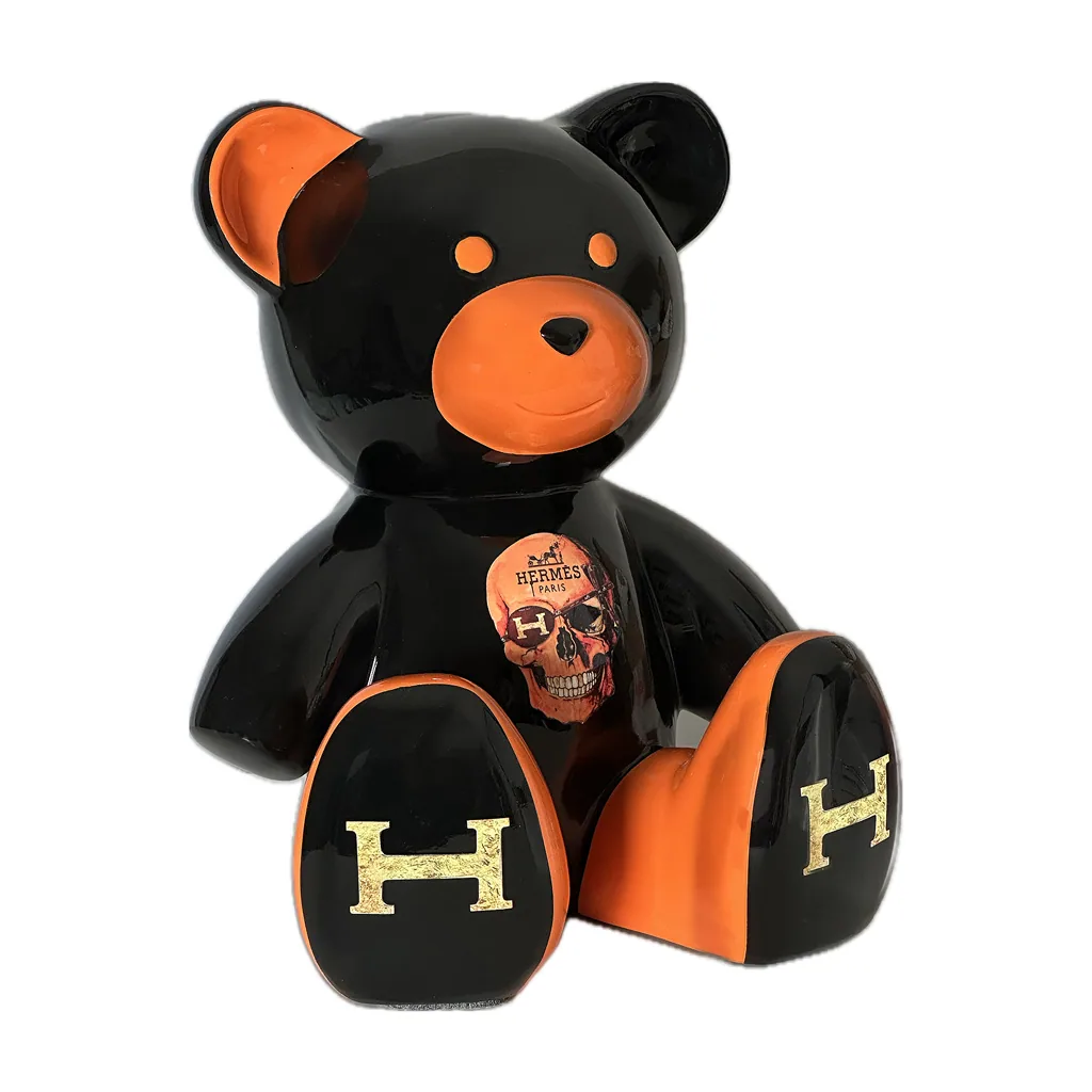 Teddybeer Beeld 34cm – Homage to Hermès Skull | Pop Art Decoratie voor Interieur — detailfoto 3
