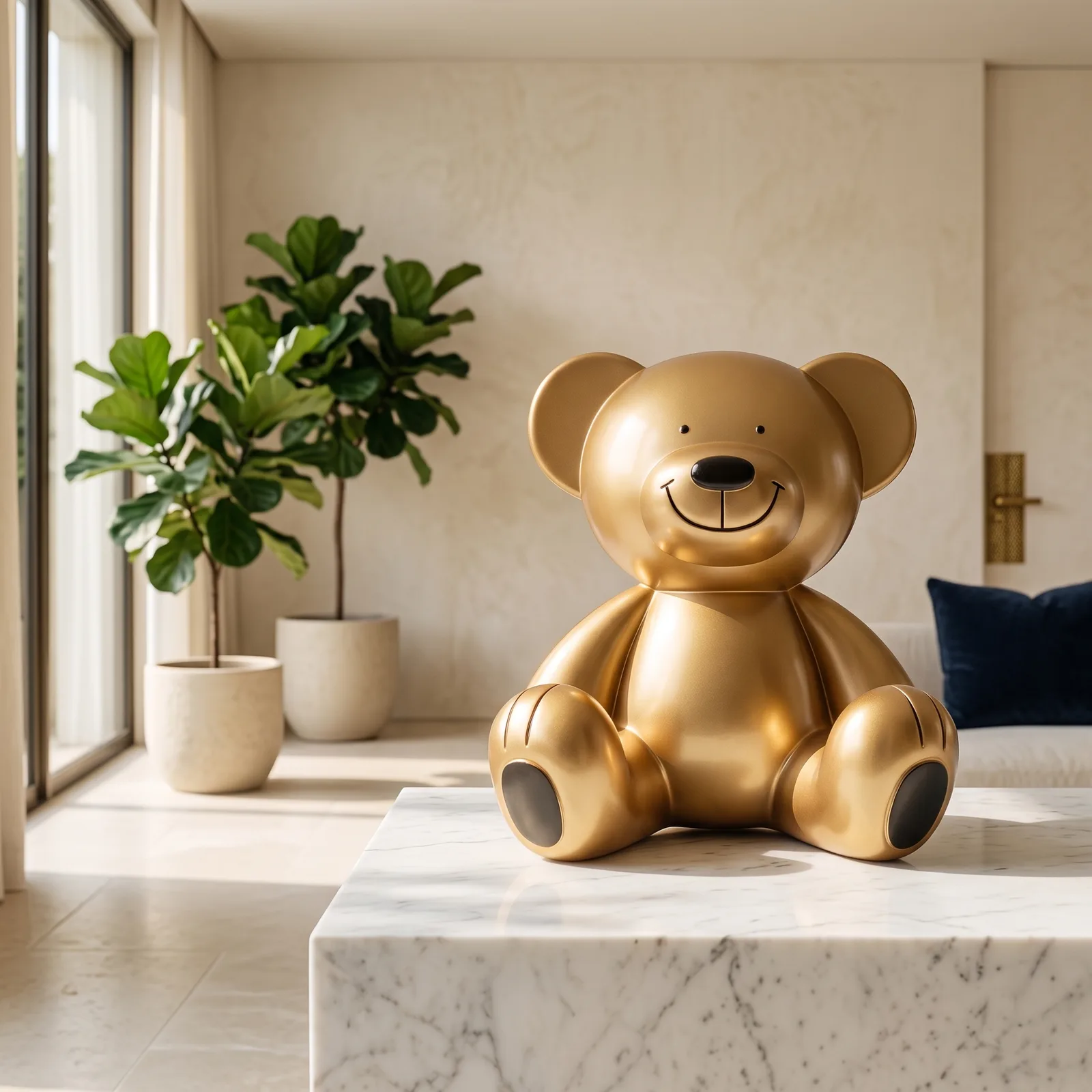 Teddybeer Beeld 35cm Zittend Goud Zwart – Luxe Decoratie — sfeerbeeld in interieur