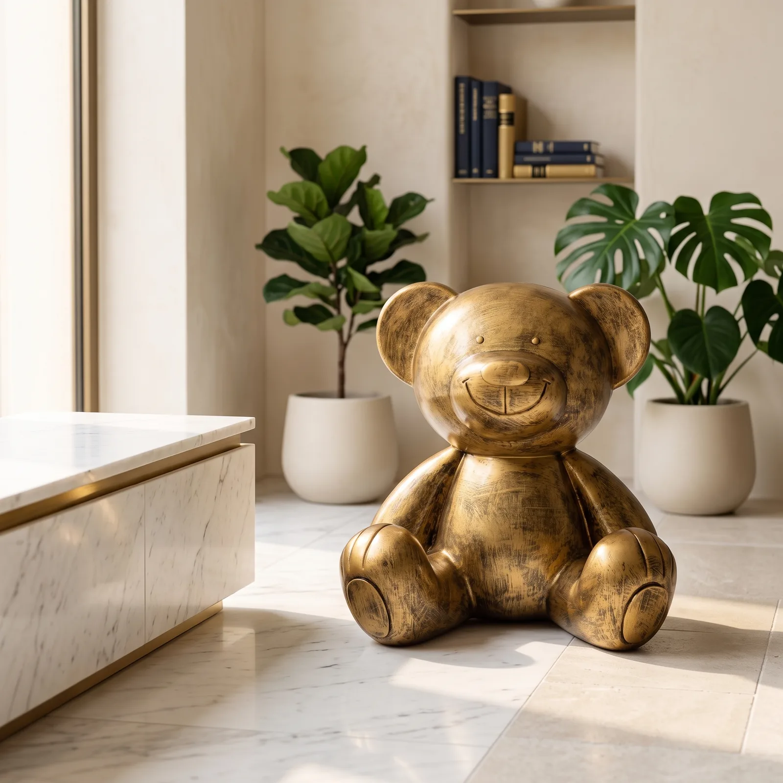 Teddybeer Beeld 60cm Zittend Wit Brons – Luxe Decoratie — sfeerbeeld in interieur