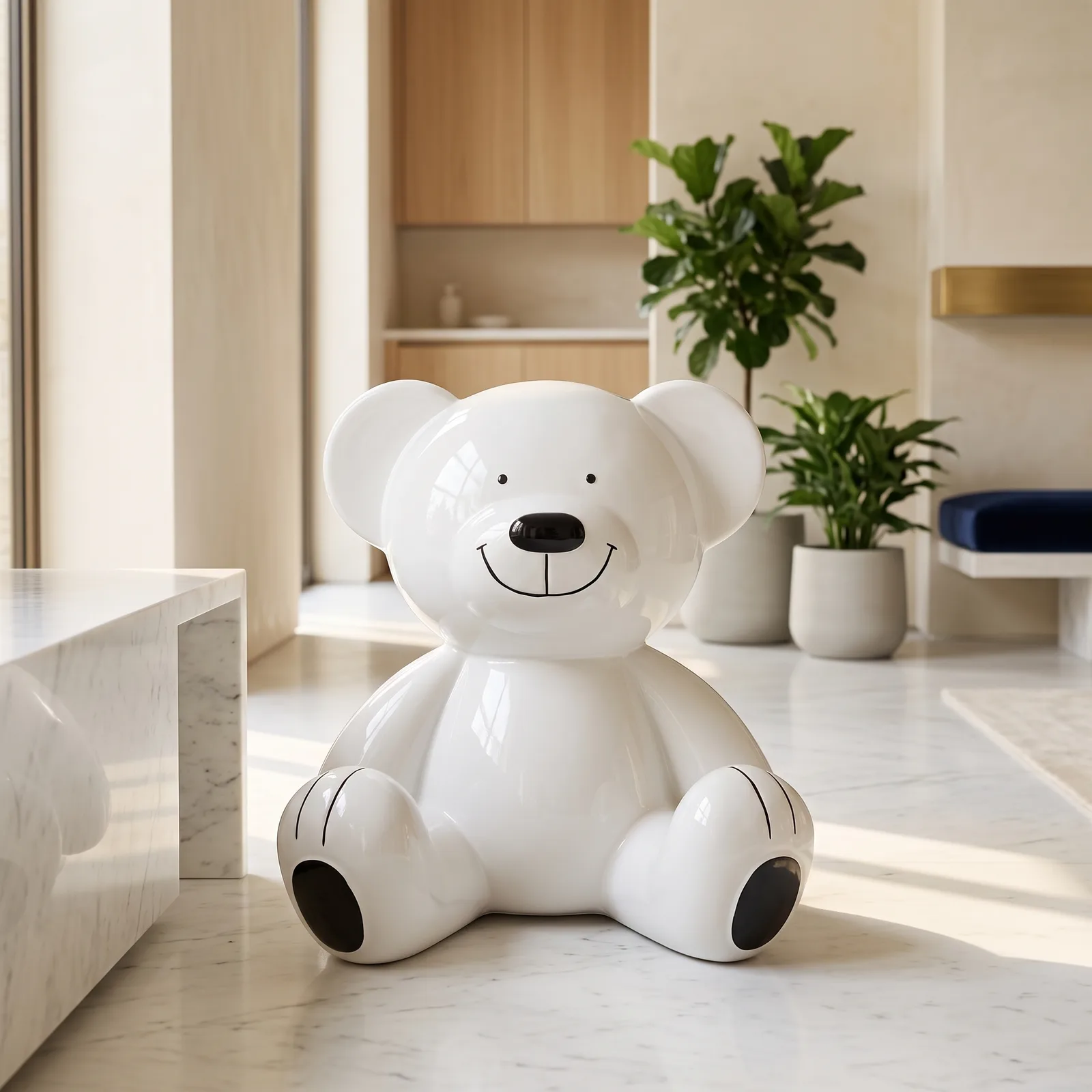 Teddybeer Beeld 60cm Zittend Wit Zwart – Luxe Decoratie — sfeerbeeld in interieur