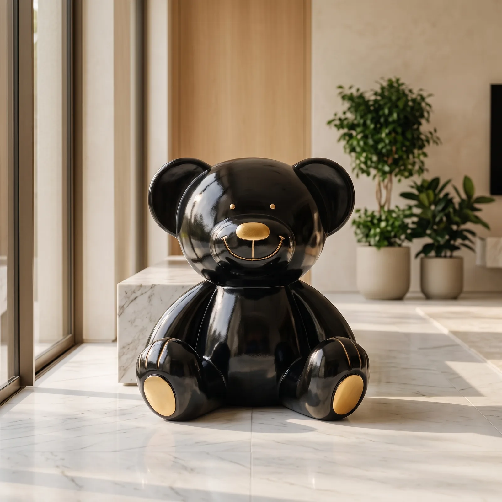 Teddybeer Beeld 60cm Zittend Zwart Goud – Luxe Decoratie — sfeerbeeld in interieur