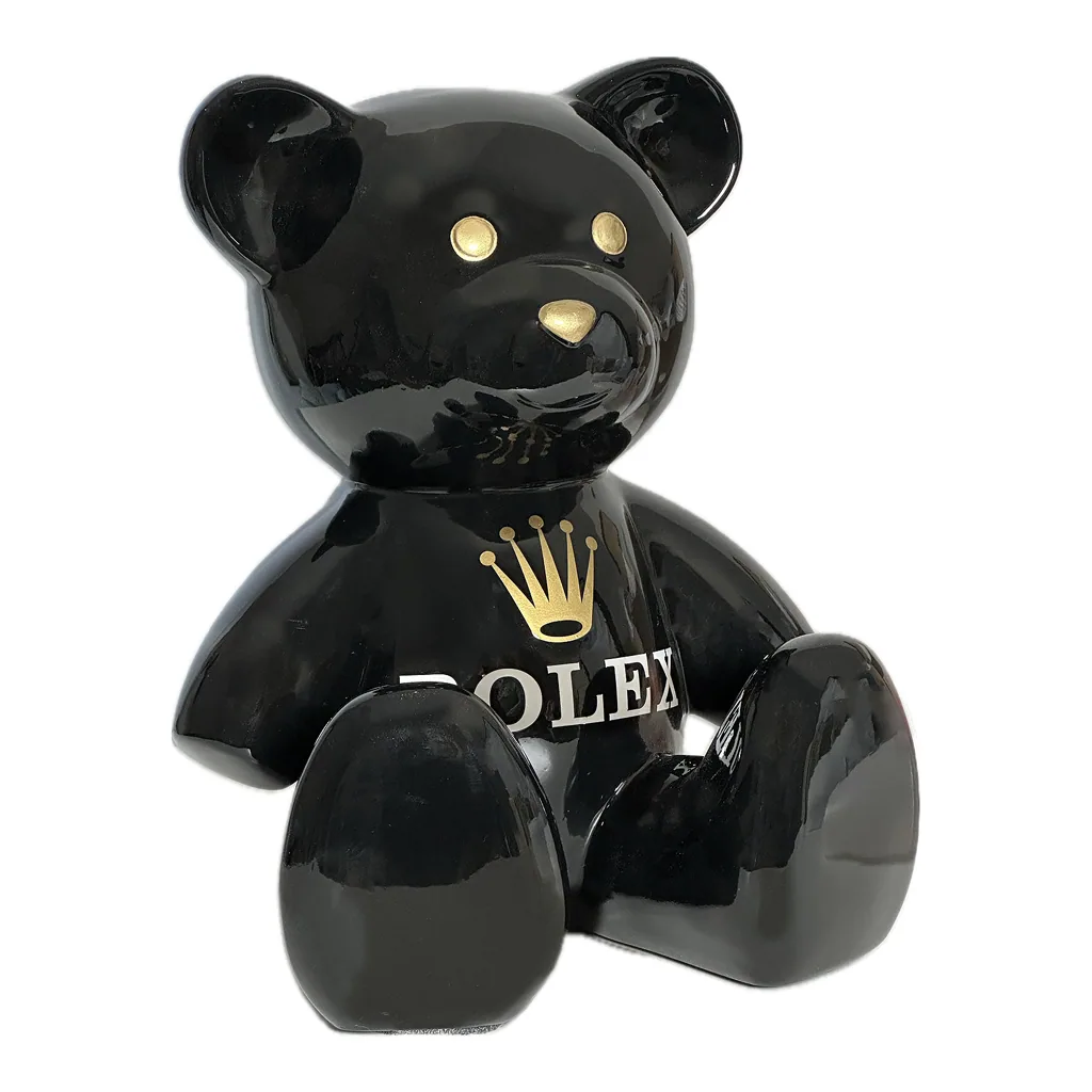 Teddybeer Beeld Hommage to Rolex Zwart Goud 34cm Pop Art Decoratie — detailfoto 2