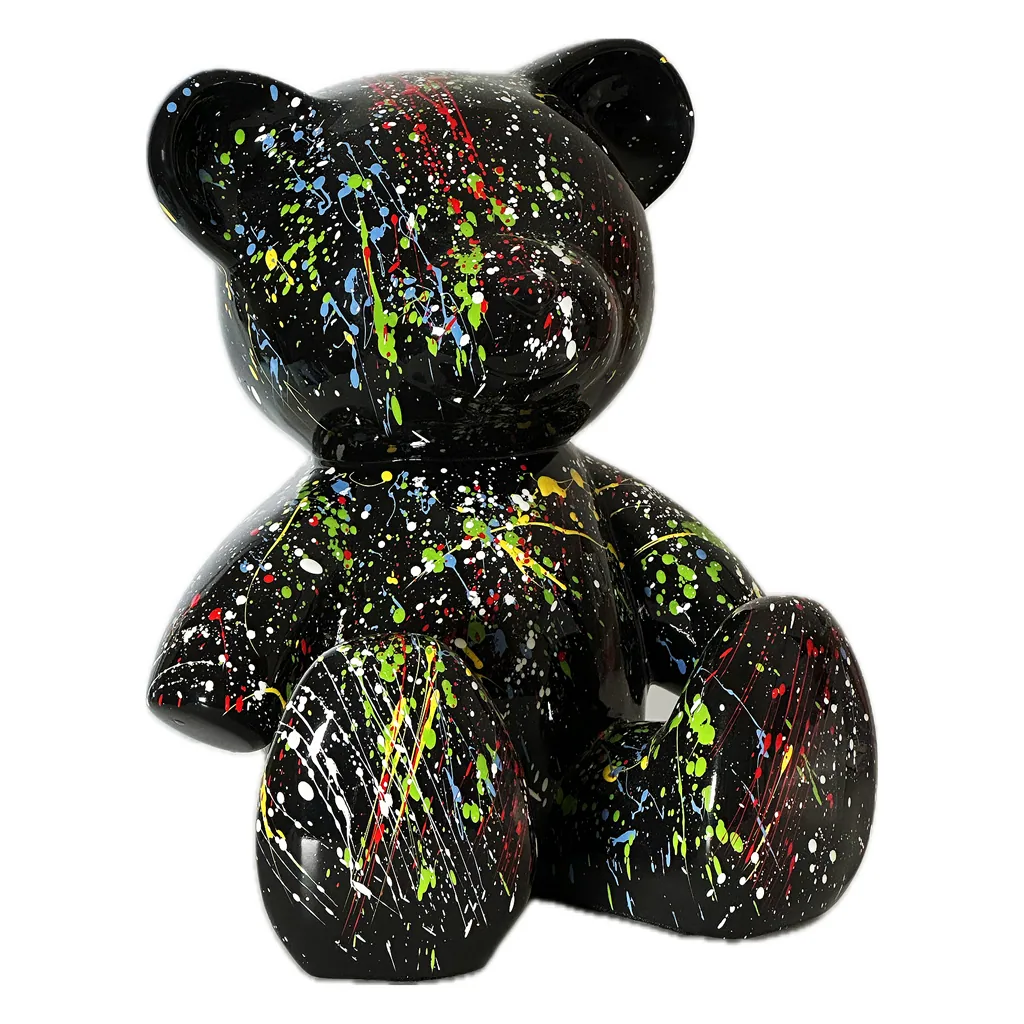 Teddybeer Beeld Zittend 34cm Zwart Splash Pop Art Decoratie — detailfoto 2